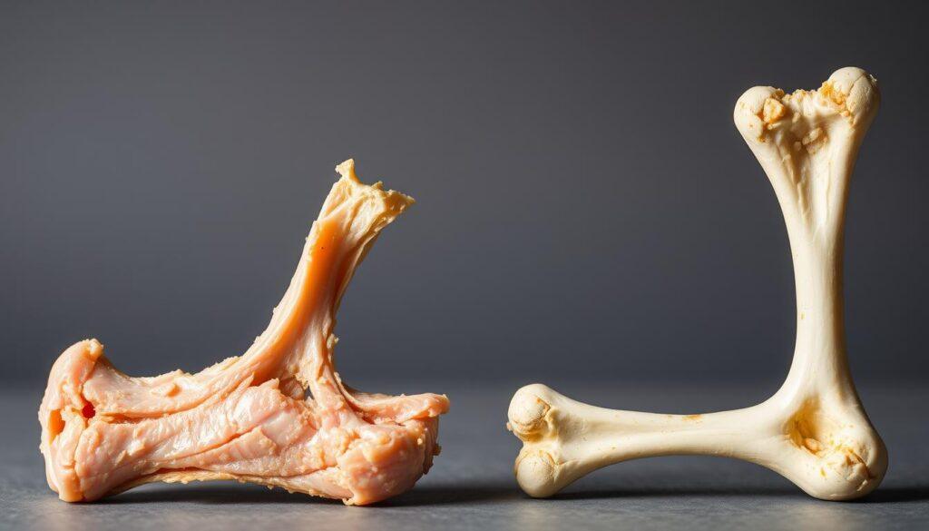 A detailed side-by-side comparison of a cooked and raw chicken bone, dramatically lit from the side to highlight their distinct structures. The cooked bone appears brittle and splintered, while the raw bone is solid and robust. A neutral gray background allows the bones to take center stage, conveying the stark contrast between their safety for feline consumption. Captured with a shallow depth of field to draw the viewer's eye directly to the specimens. The crisp, high-resolution image aims to educate and warn cat owners about the hidden dangers lurking in seemingly innocuous chicken bones. A detailed side-by-side comparison of a cooked and raw chicken bone, dramatically lit from the side to highlight their distinct structures. The cooked bone appears brittle and splintered, while the raw bone is solid and robust. A neutral gray background allows the bones to take center stage, conveying the stark contrast between their safety for feline consumption. Captured with a shallow depth of field to draw the viewer's eye directly to the specimens. The crisp, high-resolution image aims to educate and warn cat owners about the hidden dangers lurking in seemingly innocuous chicken bones.