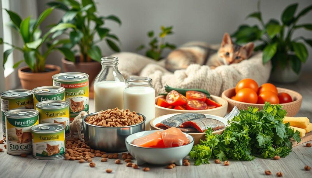 A detailed still life depicting the dietary needs of a feline. In the foreground, an array of high-quality cat food cans, kibble, and bowls filled with water and milk. The middle ground showcases fresh meat, fish, and vegetables - the staples of a balanced cat diet. In the background, lush potted plants and a cozy cat bed, suggesting a comfortable, nurturing environment. Soft, diffused lighting casts a warm glow, emphasizing the natural textures and colors. The composition is arranged with care, showcasing the essential elements of feline nutrition in a visually appealing manner. A detailed still life depicting the dietary needs of a feline. In the foreground, an array of high-quality cat food cans, kibble, and bowls filled with water and milk. The middle ground showcases fresh meat, fish, and vegetables - the staples of a balanced cat diet. In the background, lush potted plants and a cozy cat bed, suggesting a comfortable, nurturing environment. Soft, diffused lighting casts a warm glow, emphasizing the natural textures and colors. The composition is arranged with care, showcasing the essential elements of feline nutrition in a visually appealing manner.