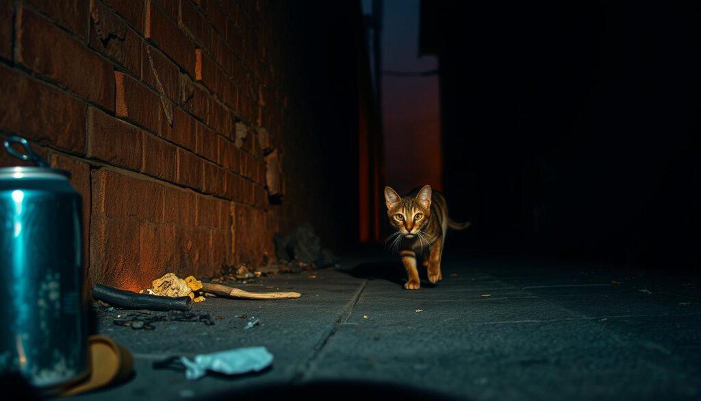 A dimly lit alleyway at dusk, a lone cat prowling cautiously, its eyes alert and focused. The feline's senses heightened, it navigates the shadows, its sleek body poised for any potential threat. In the foreground, a discarded can and scattered debris suggest the harsh realities of urban survival. The middle ground reveals a crumbling brick wall, casting long shadows that add depth and a sense of danger. The background fades into a hazy, moody atmosphere, hinting at the challenges a lost cat must face to find its way home. A dimly lit alleyway at dusk, a lone cat prowling cautiously, its eyes alert and focused. The feline's senses heightened, it navigates the shadows, its sleek body poised for any potential threat. In the foreground, a discarded can and scattered debris suggest the harsh realities of urban survival. The middle ground reveals a crumbling brick wall, casting long shadows that add depth and a sense of danger. The background fades into a hazy, moody atmosphere, hinting at the challenges a lost cat must face to find its way home.