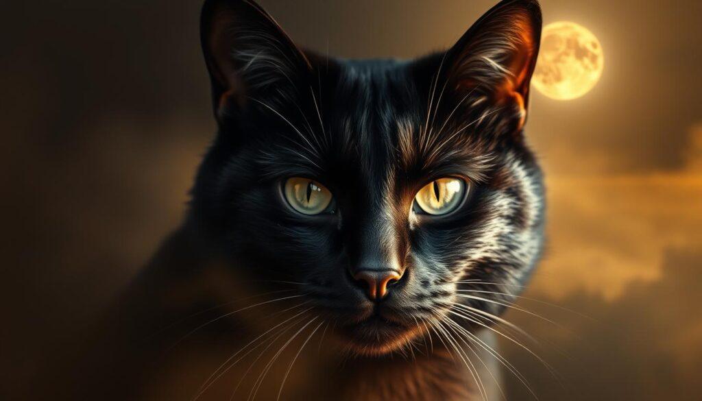 A mysterious black cat, its piercing gaze capturing the duality of light and shadow. The feline's form is shrouded in a soft, ethereal vignette, its eyes gleaming with an otherworldly intensity. In the background, a dreamlike landscape of mist and moonlight, hinting at the cat's metaphysical connection to the unseen realms. Intricate textures and details adorn the cat's ebony coat, conveying its depth and complexity. The scene is bathed in a warm, golden glow, evoking a sense of mysticism and the cat's sacred role as a guardian of the in-between. The image reflects the cat's symbolic power, its ability to bridge the material and the spiritual, and the enigmatic nature of its gaze. A mysterious black cat, its piercing gaze capturing the duality of light and shadow. The feline's form is shrouded in a soft, ethereal vignette, its eyes gleaming with an otherworldly intensity. In the background, a dreamlike landscape of mist and moonlight, hinting at the cat's metaphysical connection to the unseen realms. Intricate textures and details adorn the cat's ebony coat, conveying its depth and complexity. The scene is bathed in a warm, golden glow, evoking a sense of mysticism and the cat's sacred role as a guardian of the in-between. The image reflects the cat's symbolic power, its ability to bridge the material and the spiritual, and the enigmatic nature of its gaze.