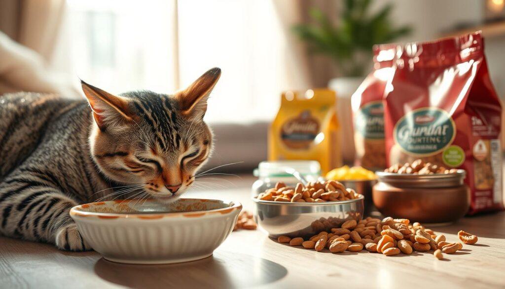 A serene feline setting, showcasing the importance of balanced nutrition and hydration for cats. In the foreground, a sleek tabby cat lounges contentedly, eyes half-closed, as it laps up crystal-clear water from a beautifully crafted ceramic bowl. The middle ground features an assortment of gourmet wet and dry cat food, arranged with artistic precision, highlighting the variety of high-quality, nutrient-dense options available. The background depicts a cozy, sunlit interior, with soft natural lighting filtering through sheer curtains, creating a warm, inviting atmosphere. The overall scene conveys a sense of feline well-being and the essential role of proper nutrition and hydration in a cat's optimal health and happiness. A serene feline setting, showcasing the importance of balanced nutrition and hydration for cats. In the foreground, a sleek tabby cat lounges contentedly, eyes half-closed, as it laps up crystal-clear water from a beautifully crafted ceramic bowl. The middle ground features an assortment of gourmet wet and dry cat food, arranged with artistic precision, highlighting the variety of high-quality, nutrient-dense options available. The background depicts a cozy, sunlit interior, with soft natural lighting filtering through sheer curtains, creating a warm, inviting atmosphere. The overall scene conveys a sense of feline well-being and the essential role of proper nutrition and hydration in a cat's optimal health and happiness.