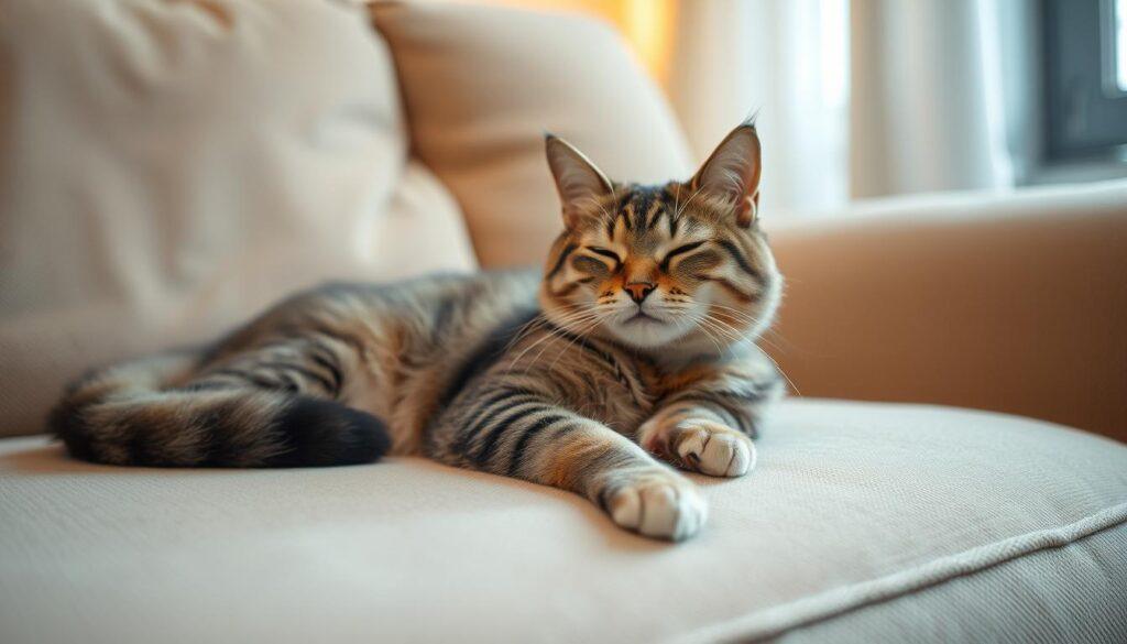 A serene indoor scene with a content feline lounging on a plush, beige sofa. The cat's body language exudes a sense of tranquility and well-being - its eyes are half-closed, paws are gently curled, and tail is casually wrapped around its body. The lighting is soft and warm, creating a cozy, inviting atmosphere. The camera angle captures the cat from a slightly elevated viewpoint, emphasizing its relaxed, happy disposition. The background is blurred, keeping the focus on the cat's expressive features and relaxed posture. This image perfectly encapsulates the positive, friendly body language of a content, well-cared-for cat. A serene indoor scene with a content feline lounging on a plush, beige sofa. The cat's body language exudes a sense of tranquility and well-being - its eyes are half-closed, paws are gently curled, and tail is casually wrapped around its body. The lighting is soft and warm, creating a cozy, inviting atmosphere. The camera angle captures the cat from a slightly elevated viewpoint, emphasizing its relaxed, happy disposition. The background is blurred, keeping the focus on the cat's expressive features and relaxed posture. This image perfectly encapsulates the positive, friendly body language of a content, well-cared-for cat.