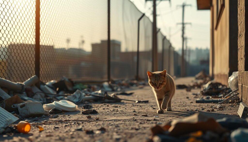 A serene outdoor scene, with a lone cat cautiously navigating a cluttered alleyway. In the foreground, discarded trash and debris litter the ground, casting ominous shadows. The cat's eyes are alert, its body crouched, as it surveys the potentially dangerous environment. In the middle ground, a towering chain-link fence looms, hinting at the boundaries and constraints of the cat's world. The background is a hazy blur of distant buildings and utility poles, suggesting an urban setting filled with unknown threats. Warm, golden sunlight filters through the scene, creating a sense of unease, as if the cat is constantly on edge, unsure of its safety. The overall mood is one of trepidation and vulnerability, capturing the essence of a cat's journey through a stressful, unfamiliar outdoor landscape. A serene outdoor scene, with a lone cat cautiously navigating a cluttered alleyway. In the foreground, discarded trash and debris litter the ground, casting ominous shadows. The cat's eyes are alert, its body crouched, as it surveys the potentially dangerous environment. In the middle ground, a towering chain-link fence looms, hinting at the boundaries and constraints of the cat's world. The background is a hazy blur of distant buildings and utility poles, suggesting an urban setting filled with unknown threats. Warm, golden sunlight filters through the scene, creating a sense of unease, as if the cat is constantly on edge, unsure of its safety. The overall mood is one of trepidation and vulnerability, capturing the essence of a cat's journey through a stressful, unfamiliar outdoor landscape.