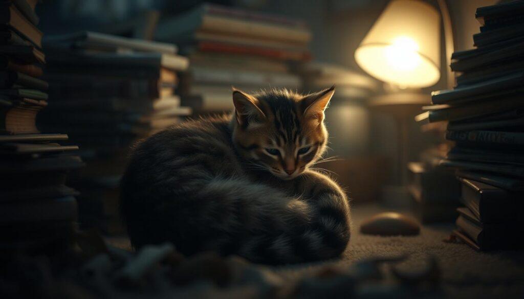 A small tabby cat curled up in a tight ball, eyes narrowed, ears flattened, body tense, hidden away in the dark corner of a cozy but cluttered room. Soft, diffused lighting from a single lamp casts long shadows, creating a sense of unease and concealment. The cat's fur appears ruffled, suggesting it has been there for some time, seeking refuge from perceived threats. The background is hazy, with piles of books, stacks of newspapers, and other household objects creating a sense of sanctuary and isolation. The overall mood is one of quiet anxiety and the cat's desperate need to protect itself by going into a state of dormancy. A small tabby cat curled up in a tight ball, eyes narrowed, ears flattened, body tense, hidden away in the dark corner of a cozy but cluttered room. Soft, diffused lighting from a single lamp casts long shadows, creating a sense of unease and concealment. The cat's fur appears ruffled, suggesting it has been there for some time, seeking refuge from perceived threats. The background is hazy, with piles of books, stacks of newspapers, and other household objects creating a sense of sanctuary and isolation. The overall mood is one of quiet anxiety and the cat's desperate need to protect itself by going into a state of dormancy.