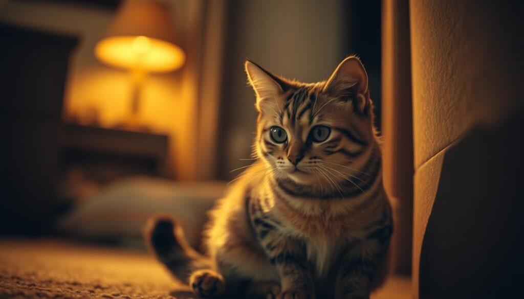 A stressed feline huddles in the corner of a dimly lit living room, its eyes wide with fear. The cat's fur stands on end, its tail tucked tightly against its body, as it scans the familiar surroundings with an air of uncertainty. Soft, warm lighting casts a golden glow, heightening the tension in the scene. The cat's body language conveys a sense of unease, its muscles tense and ready to flee at the slightest provocation. The background is blurred, drawing the viewer's focus to the cat's intense expression and behavior, reflecting the psychological turmoil of a beloved pet returned home. A stressed feline huddles in the corner of a dimly lit living room, its eyes wide with fear. The cat's fur stands on end, its tail tucked tightly against its body, as it scans the familiar surroundings with an air of uncertainty. Soft, warm lighting casts a golden glow, heightening the tension in the scene. The cat's body language conveys a sense of unease, its muscles tense and ready to flee at the slightest provocation. The background is blurred, drawing the viewer's focus to the cat's intense expression and behavior, reflecting the psychological turmoil of a beloved pet returned home.