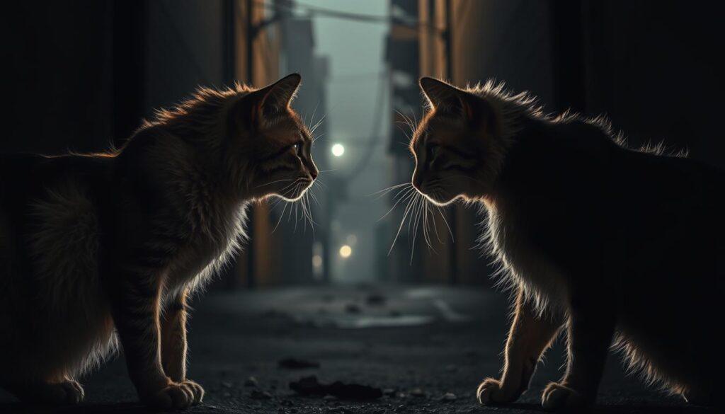 A tense standoff between two felines, their fur standing on end, eyes locked in a fierce display of territorial dominance. The foreground captures the charged atmosphere, with the cats' muscles coiled, ready to pounce. In the middle ground, a dimly lit alley sets the scene, the high contrast lighting casting dramatic shadows that accentuate the drama. The background fades into a misty, moody urban landscape, adding a sense of isolation and the cats' primal instincts to defend their domain. The overall mood is one of palpable tension, a visual representation of the reasons why cats may go missing as they assert their boundaries. A tense standoff between two felines, their fur standing on end, eyes locked in a fierce display of territorial dominance. The foreground captures the charged atmosphere, with the cats' muscles coiled, ready to pounce. In the middle ground, a dimly lit alley sets the scene, the high contrast lighting casting dramatic shadows that accentuate the drama. The background fades into a misty, moody urban landscape, adding a sense of isolation and the cats' primal instincts to defend their domain. The overall mood is one of palpable tension, a visual representation of the reasons why cats may go missing as they assert their boundaries.