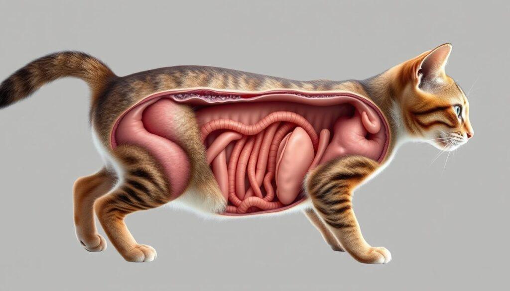 Detailed anatomical cross-section of a cat's digestive tract, showcasing the intricate structure and potential complications. Rendered in a realistic, clinical style with high levels of detail and accuracy. The image should depict the esophagus, stomach, small and large intestines, with subtle highlights on areas that may be affected by complications from ingesting chicken bones. Bright, clean lighting illuminates the delicate tissues, while a neutral gray background allows the internal systems to be the focal point. The perspective should be slightly elevated to provide a comprehensive view, captured through a sharp, professional-grade lens. Detailed anatomical cross-section of a cat's digestive tract, showcasing the intricate structure and potential complications. Rendered in a realistic, clinical style with high levels of detail and accuracy. The image should depict the esophagus, stomach, small and large intestines, with subtle highlights on areas that may be affected by complications from ingesting chicken bones. Bright, clean lighting illuminates the delicate tissues, while a neutral gray background allows the internal systems to be the focal point. The perspective should be slightly elevated to provide a comprehensive view, captured through a sharp, professional-grade lens.