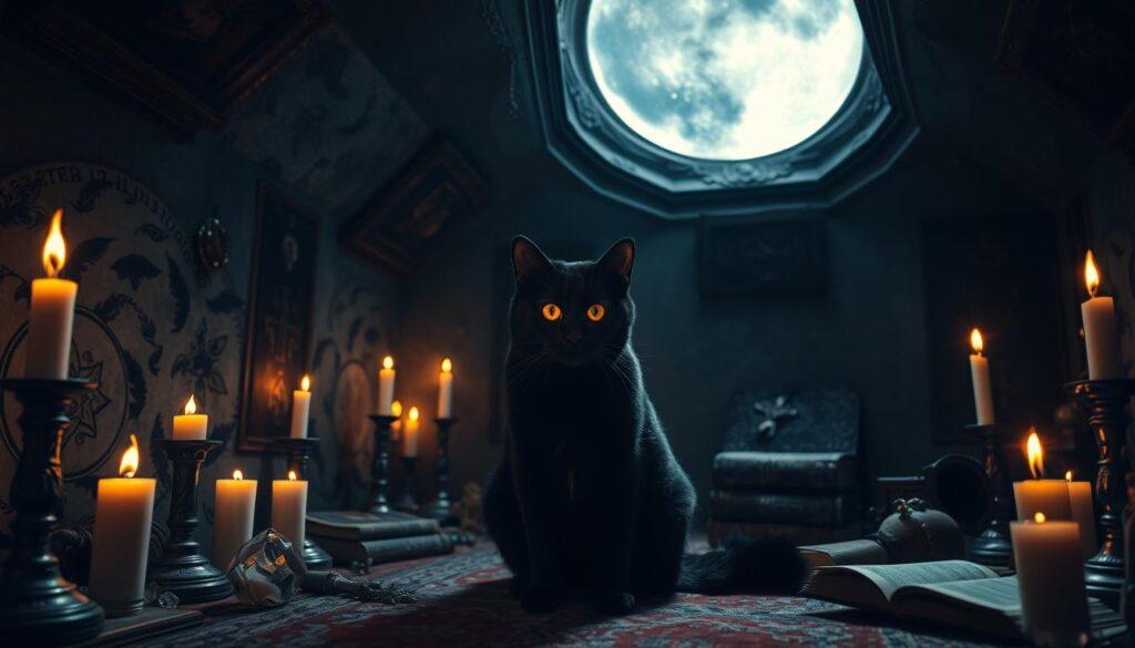 Dimly lit ritual chamber, flickering candles casting shadows on the walls. A black cat sits in the center, surrounded by ornate symbols and objects - crystals, incense, ancient tomes. The cat's eyes glow with an otherworldly intensity, as if possessed by spirits. Overhead, a shimmering moonlit sky visible through a skylight, adding to the mystical atmosphere. The scene conveys a sense of arcane power and the hidden mysteries of the feline world. Dimly lit ritual chamber, flickering candles casting shadows on the walls. A black cat sits in the center, surrounded by ornate symbols and objects - crystals, incense, ancient tomes. The cat's eyes glow with an otherworldly intensity, as if possessed by spirits. Overhead, a shimmering moonlit sky visible through a skylight, adding to the mystical atmosphere. The scene conveys a sense of arcane power and the hidden mysteries of the feline world.