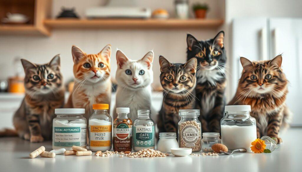 a high-quality, photorealistic image of various safe, cat-friendly oat milk additives, such as vitamins, minerals, and other nutritional supplements, arranged in the foreground on a clean, light-colored surface. In the middle ground, several curious and alert domestic cats of different breeds and colors carefully observe the additives, their expressions conveying a sense of interest and caution. The background is a warm, inviting kitchen or home environment, with soft, diffused lighting creating a calming and informative atmosphere. a high-quality, photorealistic image of various safe, cat-friendly oat milk additives, such as vitamins, minerals, and other nutritional supplements, arranged in the foreground on a clean, light-colored surface. In the middle ground, several curious and alert domestic cats of different breeds and colors carefully observe the additives, their expressions conveying a sense of interest and caution. The background is a warm, inviting kitchen or home environment, with soft, diffused lighting creating a calming and informative atmosphere.