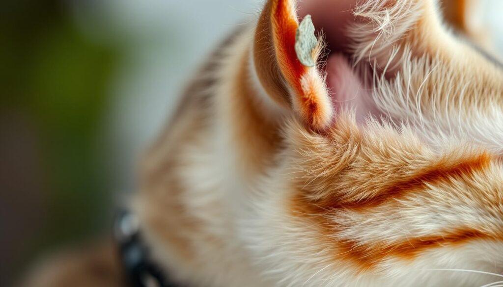 A close-up shot of a stray cat's ear, head, and neck, showcasing the various identification markers often found on abandoned felines. Soft, natural lighting illuminates the subtle details - an ear tag, a microchip scar, and perhaps a faded collar remnant. The image has a calm, observational tone, inviting the viewer to closely examine the telltale signs that distinguish a wandering stray from a well-cared-for house cat. The depth of field is shallow, focusing attention on the identifying features while subtly blurring the background, creating a sense of clinical examination. This visual aid aims to educate and inform readers about the visible markers that can help determine a cat's status, supporting the informative section on stray, feral, and owned cats. A close-up shot of a stray cat's ear, head, and neck, showcasing the various identification markers often found on abandoned felines. Soft, natural lighting illuminates the subtle details - an ear tag, a microchip scar, and perhaps a faded collar remnant. The image has a calm, observational tone, inviting the viewer to closely examine the telltale signs that distinguish a wandering stray from a well-cared-for house cat. The depth of field is shallow, focusing attention on the identifying features while subtly blurring the background, creating a sense of clinical examination. This visual aid aims to educate and inform readers about the visible markers that can help determine a cat's status, supporting the informative section on stray, feral, and owned cats.