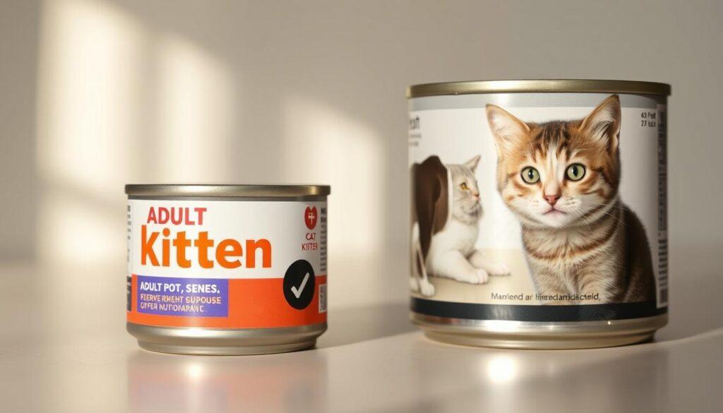 A close-up shot of an adult cat food can and a kitten food can, placed side by side on a clean, neutral-colored surface. The cans are well-lit, casting gentle shadows, and the labels are clearly visible, highlighting the distinct nutritional information and branding. The kitten food can appears smaller and has vibrant, eye-catching graphics, while the adult cat food can has a more muted, sophisticated design. The background is slightly blurred, keeping the focus on the two cans and the visual contrast between them, emphasizing the differences in nutritional requirements between kittens and adult cats. A close-up shot of an adult cat food can and a kitten food can, placed side by side on a clean, neutral-colored surface. The cans are well-lit, casting gentle shadows, and the labels are clearly visible, highlighting the distinct nutritional information and branding. The kitten food can appears smaller and has vibrant, eye-catching graphics, while the adult cat food can has a more muted, sophisticated design. The background is slightly blurred, keeping the focus on the two cans and the visual contrast between them, emphasizing the differences in nutritional requirements between kittens and adult cats.