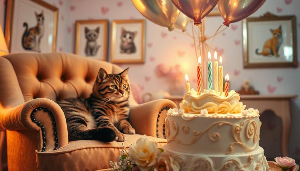A cozy and whimsical scene, backlit by soft, warm lighting. In the foreground, a tabby cat lounges contentedly on a plush, tufted armchair, surrounded by delicate floral arrangements. The mid-ground features an ornate, vintage-inspired birthday cake, adorned with elegant swirls and a sprinkling of edible glitter. Floating above the scene, a cluster of iridescent balloons, their shimmering surfaces reflecting the ambient light. The background is a dreamy, pastel-hued room, its walls adorned with framed illustrations of cats in various playful poses. An atmosphere of enchantment and tranquility pervades the image, capturing the spirit of heartwarming birthday wishes for a beloved feline companion. A cozy and whimsical scene, backlit by soft, warm lighting. In the foreground, a tabby cat lounges contentedly on a plush, tufted armchair, surrounded by delicate floral arrangements. The mid-ground features an ornate, vintage-inspired birthday cake, adorned with elegant swirls and a sprinkling of edible glitter. Floating above the scene, a cluster of iridescent balloons, their shimmering surfaces reflecting the ambient light. The background is a dreamy, pastel-hued room, its walls adorned with framed illustrations of cats in various playful poses. An atmosphere of enchantment and tranquility pervades the image, capturing the spirit of heartwarming birthday wishes for a beloved feline companion.