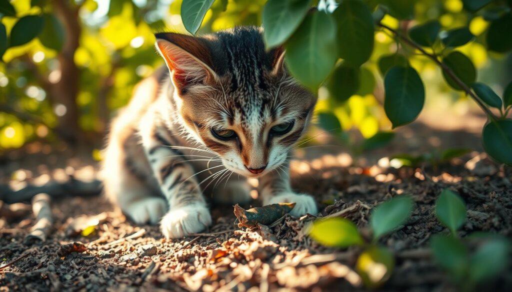 A curious cat, head tilted, paws gently scraping the earth as it conceals a freshly caught morsel. Warm sunlight filters through the leaves, casting dappled shadows across the scene. The feline's intense focus and deliberate movements reveal an ancient survival instinct - the need to cache food for later consumption. Textured soil, scattered twigs, and a sense of tranquility in the verdant setting evoke the cat's natural habitat. A captivating moment of primal behavior, captured through a shallow depth of field that highlights the cat's intense expression and the delicate task at hand. A curious cat, head tilted, paws gently scraping the earth as it conceals a freshly caught morsel. Warm sunlight filters through the leaves, casting dappled shadows across the scene. The feline's intense focus and deliberate movements reveal an ancient survival instinct - the need to cache food for later consumption. Textured soil, scattered twigs, and a sense of tranquility in the verdant setting evoke the cat's natural habitat. A captivating moment of primal behavior, captured through a shallow depth of field that highlights the cat's intense expression and the delicate task at hand.