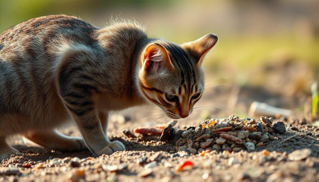 A curious cat intently observing a hidden pile of food, its intense gaze and crouched posture reflecting its innate drive to cache and preserve sustenance. Soft, natural lighting illuminates the scene, casting delicate shadows that accentuate the feline's lithe musculature. The background is a serene, naturalistic setting, hinting at the cat's instinctual connection to its wild ancestry. The overall composition conveys the essence of a cat's primal survival instincts, the careful consideration and deliberation underlying its actions as it safeguards its precious cache. A curious cat intently observing a hidden pile of food, its intense gaze and crouched posture reflecting its innate drive to cache and preserve sustenance. Soft, natural lighting illuminates the scene, casting delicate shadows that accentuate the feline's lithe musculature. The background is a serene, naturalistic setting, hinting at the cat's instinctual connection to its wild ancestry. The overall composition conveys the essence of a cat's primal survival instincts, the careful consideration and deliberation underlying its actions as it safeguards its precious cache.