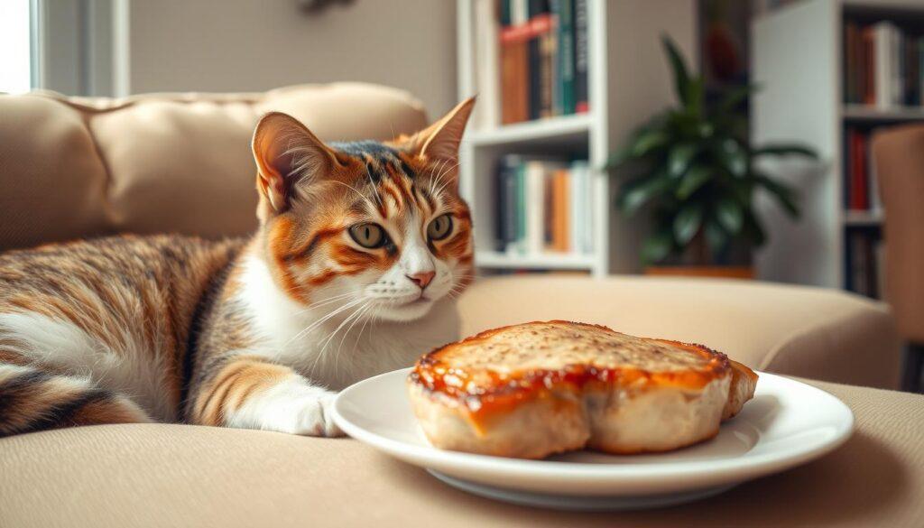 A curious feline friend lounges on a cozy sofa, eyeing a pork chop with an expression of cautious interest. The lighting is soft and warm, creating a comforting atmosphere. The pork chop sits on a clean, white plate, its golden-brown crust glistening temptingly. In the background, a bookshelf filled with volumes on pet care and a houseplant add a touch of domestic tranquility. The overall scene conveys a sense of companionship and the delicate balance between a cat's natural curiosity and the need to ensure its safety when it comes to human foods. A curious feline friend lounges on a cozy sofa, eyeing a pork chop with an expression of cautious interest. The lighting is soft and warm, creating a comforting atmosphere. The pork chop sits on a clean, white plate, its golden-brown crust glistening temptingly. In the background, a bookshelf filled with volumes on pet care and a houseplant add a touch of domestic tranquility. The overall scene conveys a sense of companionship and the delicate balance between a cat's natural curiosity and the need to ensure its safety when it comes to human foods.