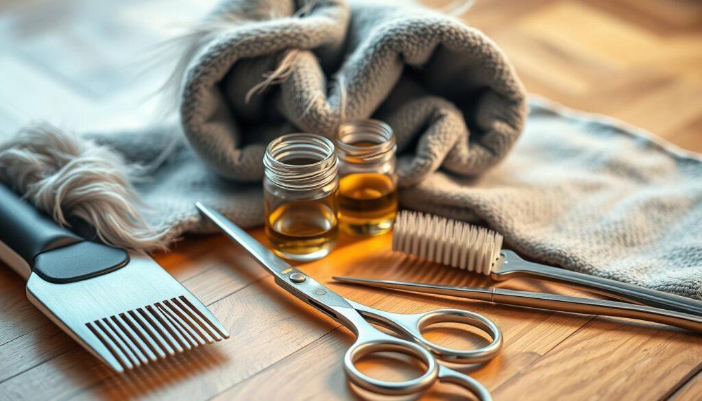 A delicate arrangement of grooming tools for a long-haired cat, bathed in warm, soft lighting. In the foreground, a sturdy metal comb with wide teeth, gently curving scissors, and a rubber-tipped bristle brush. In the middle ground, a small glass jar filled with soothing essential oils, and a plush microfiber towel. The background features a parquet wood surface, creating a sense of rustic elegance. The overall composition conveys a serene, nurturing atmosphere, reflecting the care and attention required to maintain a cat's luxurious, flowing fur. A delicate arrangement of grooming tools for a long-haired cat, bathed in warm, soft lighting. In the foreground, a sturdy metal comb with wide teeth, gently curving scissors, and a rubber-tipped bristle brush. In the middle ground, a small glass jar filled with soothing essential oils, and a plush microfiber towel. The background features a parquet wood surface, creating a sense of rustic elegance. The overall composition conveys a serene, nurturing atmosphere, reflecting the care and attention required to maintain a cat's luxurious, flowing fur.