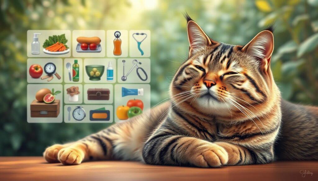 A detailed illustration showcasing the key factors influencing feline lifespan. In the foreground, a serene tabby cat rests peacefully, radiating longevity and contentment. The middle ground features a collage of elements - a balanced diet, exercise equipment, and healthcare supplies, highlighting the importance of proper care. The background depicts a lush, verdant environment, symbolizing the impact of environmental factors on a cat's well-being. Soft, warm lighting casts a gentle glow, creating an atmosphere of tranquility and introspection. Rendered in a highly realistic, almost photographic style, this image aims to educate and inform on the multifaceted aspects that contribute to a cat's lifespan. A detailed illustration showcasing the key factors influencing feline lifespan. In the foreground, a serene tabby cat rests peacefully, radiating longevity and contentment. The middle ground features a collage of elements - a balanced diet, exercise equipment, and healthcare supplies, highlighting the importance of proper care. The background depicts a lush, verdant environment, symbolizing the impact of environmental factors on a cat's well-being. Soft, warm lighting casts a gentle glow, creating an atmosphere of tranquility and introspection. Rendered in a highly realistic, almost photographic style, this image aims to educate and inform on the multifaceted aspects that contribute to a cat's lifespan.