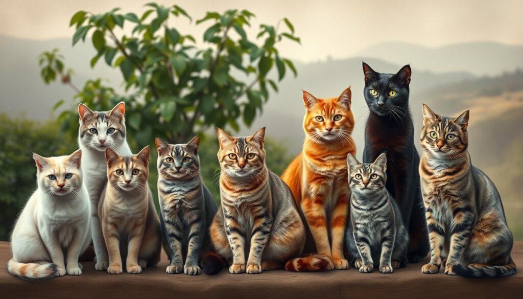 A detailed study of the physical and behavioral traits of cat breeds known for their longevity. In the foreground, a group of mature felines of various sizes and colors pose gracefully, each with a serene, wise expression. The middle ground features a lush, natural setting with verdant foliage and soft, diffused lighting, creating a sense of tranquility. In the background, a muted, impressionistic landscape suggests the passing of time. The overall mood is one of quiet contemplation, highlighting the enduring qualities of these long-lived cat companions. A detailed study of the physical and behavioral traits of cat breeds known for their longevity. In the foreground, a group of mature felines of various sizes and colors pose gracefully, each with a serene, wise expression. The middle ground features a lush, natural setting with verdant foliage and soft, diffused lighting, creating a sense of tranquility. In the background, a muted, impressionistic landscape suggests the passing of time. The overall mood is one of quiet contemplation, highlighting the enduring qualities of these long-lived cat companions.