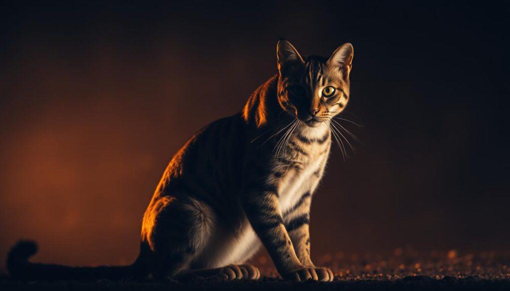 A feline carnivore sits in a dimly lit, atmospheric setting, its gaze intense and predatory. The cat's powerful body is captured in striking detail, its toned muscles and sleek fur illuminated by soft, warm lighting. The background is hazy, allowing the animal to be the focal point, its keen senses alert and focused. The image conveys the cat's natural instincts and its place as a skilled hunter within the food chain, highlighting the importance of a meat-based diet for its survival. A feline carnivore sits in a dimly lit, atmospheric setting, its gaze intense and predatory. The cat's powerful body is captured in striking detail, its toned muscles and sleek fur illuminated by soft, warm lighting. The background is hazy, allowing the animal to be the focal point, its keen senses alert and focused. The image conveys the cat's natural instincts and its place as a skilled hunter within the food chain, highlighting the importance of a meat-based diet for its survival.