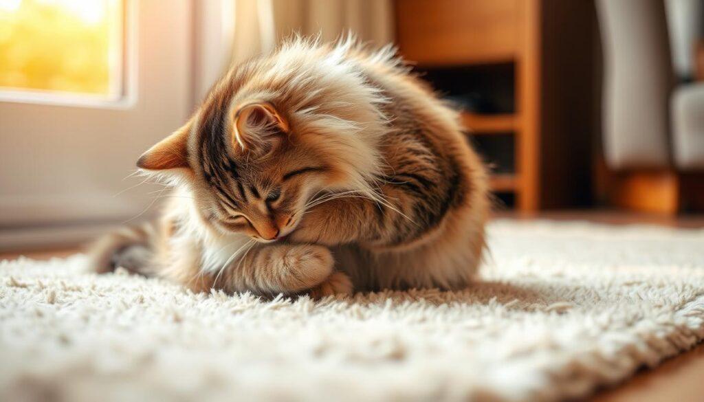 A serene and tranquil scene of a fluffy tabby cat attentively grooming itself on a plush, beige rug. The cat's paws delicately lick and brush its soft, silky fur, capturing the graceful movements and natural benefits of feline self-care. Warm, natural lighting filters through a nearby window, creating a cozy and inviting atmosphere. The background is slightly blurred, allowing the cat to be the focal point, highlighting the importance of regular grooming for a cat's overall health and well-being. A serene and tranquil scene of a fluffy tabby cat attentively grooming itself on a plush, beige rug. The cat's paws delicately lick and brush its soft, silky fur, capturing the graceful movements and natural benefits of feline self-care. Warm, natural lighting filters through a nearby window, creating a cozy and inviting atmosphere. The background is slightly blurred, allowing the cat to be the focal point, highlighting the importance of regular grooming for a cat's overall health and well-being.
