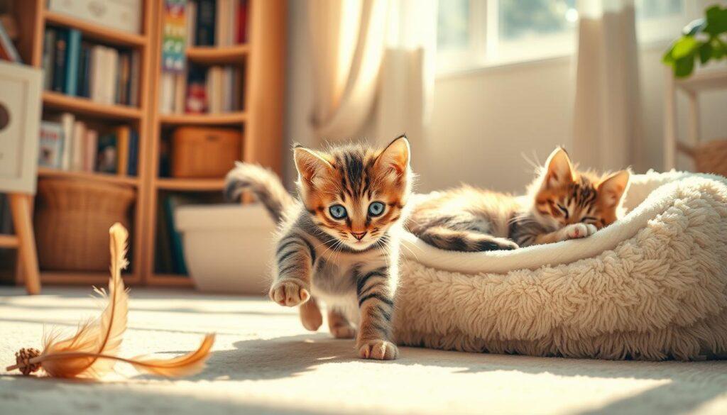 A serene, sun-dappled nursery scene showcasing the developmental milestones of a lively tabby kitten. In the foreground, the kitten playfully pounces on a feather toy, its large paws and wide eyes capturing the boundless energy of early kittenhood. The middle ground depicts the kitten curled up in a plush cat bed, eyes half-closed in a contented nap, illustrating the transition to more restful feline behaviors. In the background, a bookshelf filled with kitten-themed tomes hints at the wealth of knowledge needed to guide the kitten-to-cat transformation. Warm, soft lighting casts a gentle glow, evoking the nurturing atmosphere of this pivotal life stage. Captured with a shallow depth of field, the scene emphasizes the intimate, up-close perspective of a kitten's coming-of-age journey. A serene, sun-dappled nursery scene showcasing the developmental milestones of a lively tabby kitten. In the foreground, the kitten playfully pounces on a feather toy, its large paws and wide eyes capturing the boundless energy of early kittenhood. The middle ground depicts the kitten curled up in a plush cat bed, eyes half-closed in a contented nap, illustrating the transition to more restful feline behaviors. In the background, a bookshelf filled with kitten-themed tomes hints at the wealth of knowledge needed to guide the kitten-to-cat transformation. Warm, soft lighting casts a gentle glow, evoking the nurturing atmosphere of this pivotal life stage. Captured with a shallow depth of field, the scene emphasizes the intimate, up-close perspective of a kitten's coming-of-age journey.