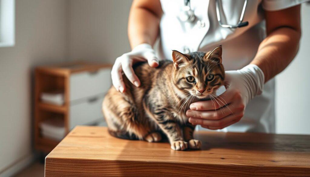 A stray cat sits calmly on a wooden surface, its coat slightly disheveled but eyes alert. A veterinarian's careful hands gently examine the feline, checking for any signs of injury or illness. The lighting is soft and natural, casting warm shadows that highlight the cat's features. In the background, a clean, minimalist examination room provides a simple, uncluttered setting, allowing the focus to remain on the assessment process. The overall atmosphere conveys a sense of care and attentiveness, as the veterinarian thoroughly evaluates the stray's overall health and well-being. A stray cat sits calmly on a wooden surface, its coat slightly disheveled but eyes alert. A veterinarian's careful hands gently examine the feline, checking for any signs of injury or illness. The lighting is soft and natural, casting warm shadows that highlight the cat's features. In the background, a clean, minimalist examination room provides a simple, uncluttered setting, allowing the focus to remain on the assessment process. The overall atmosphere conveys a sense of care and attentiveness, as the veterinarian thoroughly evaluates the stray's overall health and well-being.