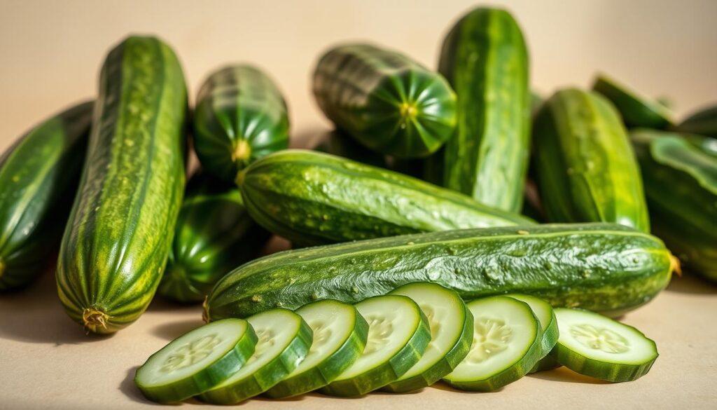 A vibrant still life featuring an array of fresh cucumbers against a soft, natural background. The cucumbers are neatly arranged, their crisp green hues and defined textures capturing the eye. Gentle lighting from the side casts subtle shadows, adding depth and dimension. In the foreground, a few cucumber slices are carefully positioned, highlighting their nutritional properties and suitability for pet consumption. The overall composition is balanced and inviting, conveying the healthy and beneficial nature of this versatile vegetable. A vibrant still life featuring an array of fresh cucumbers against a soft, natural background. The cucumbers are neatly arranged, their crisp green hues and defined textures capturing the eye. Gentle lighting from the side casts subtle shadows, adding depth and dimension. In the foreground, a few cucumber slices are carefully positioned, highlighting their nutritional properties and suitability for pet consumption. The overall composition is balanced and inviting, conveying the healthy and beneficial nature of this versatile vegetable.