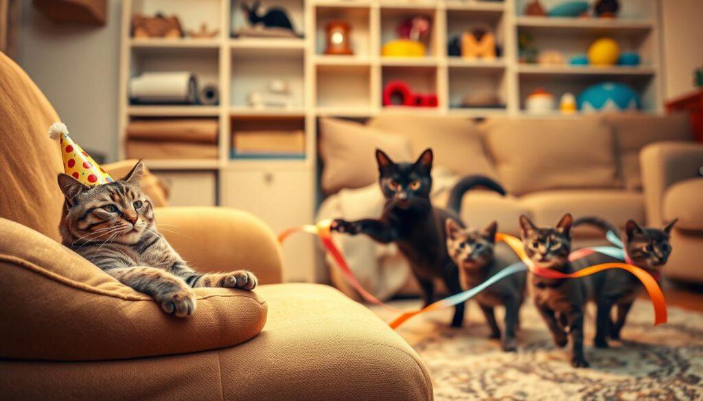 A warm, cozy living room setting with a group of feline companions celebrating a special day. In the foreground, a tabby cat lounges on a plush armchair, donning a festive party hat. Nearby, a sleek black cat nibbles on a delectable cat treat. In the middle ground, two kittens playfully chase a colorful ribbon, their movements frozen in a joyful dance. The soft lighting casts a golden glow, creating a inviting atmosphere. In the background, shelves lined with cat toys and treats suggest a home filled with love and care for these cherished companions. The scene exudes a sense of heartwarming celebration, perfectly capturing the essence of a special day for feline friends. A warm, cozy living room setting with a group of feline companions celebrating a special day. In the foreground, a tabby cat lounges on a plush armchair, donning a festive party hat. Nearby, a sleek black cat nibbles on a delectable cat treat. In the middle ground, two kittens playfully chase a colorful ribbon, their movements frozen in a joyful dance. The soft lighting casts a golden glow, creating a inviting atmosphere. In the background, shelves lined with cat toys and treats suggest a home filled with love and care for these cherished companions. The scene exudes a sense of heartwarming celebration, perfectly capturing the essence of a special day for feline friends.