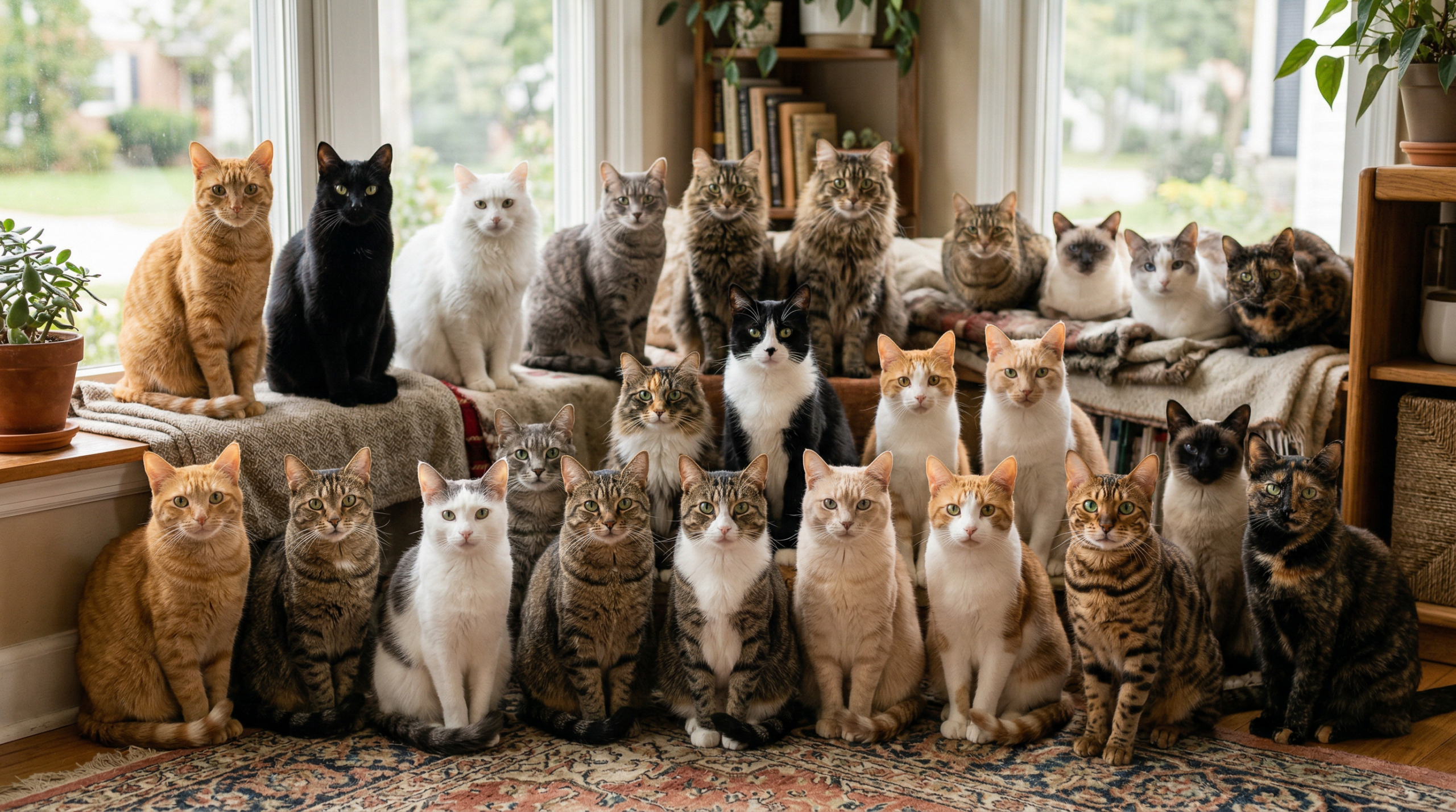 A realistic photo of many cats with different coat colors and patterns sitting closely together indoors in front of bright windows.