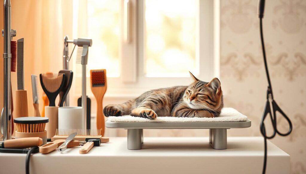 Detailed cat grooming schedule against a soft, pastel-colored background. Foreground features a neatly organized grooming station with brushes, combs, clippers, and a cat-sized grooming table. In the middle ground, a well-groomed tabby cat rests contentedly on the table, eyes closed in relaxation. The background has muted colors and subtle patterns, creating a calming, domestic atmosphere. Warm, natural lighting from a window casts a gentle glow over the scene. The composition is balanced and inviting, highlighting the importance of regular cat grooming in a visually appealing way. Detailed cat grooming schedule against a soft, pastel-colored background. Foreground features a neatly organized grooming station with brushes, combs, clippers, and a cat-sized grooming table. In the middle ground, a well-groomed tabby cat rests contentedly on the table, eyes closed in relaxation. The background has muted colors and subtle patterns, creating a calming, domestic atmosphere. Warm, natural lighting from a window casts a gentle glow over the scene. The composition is balanced and inviting, highlighting the importance of regular cat grooming in a visually appealing way.