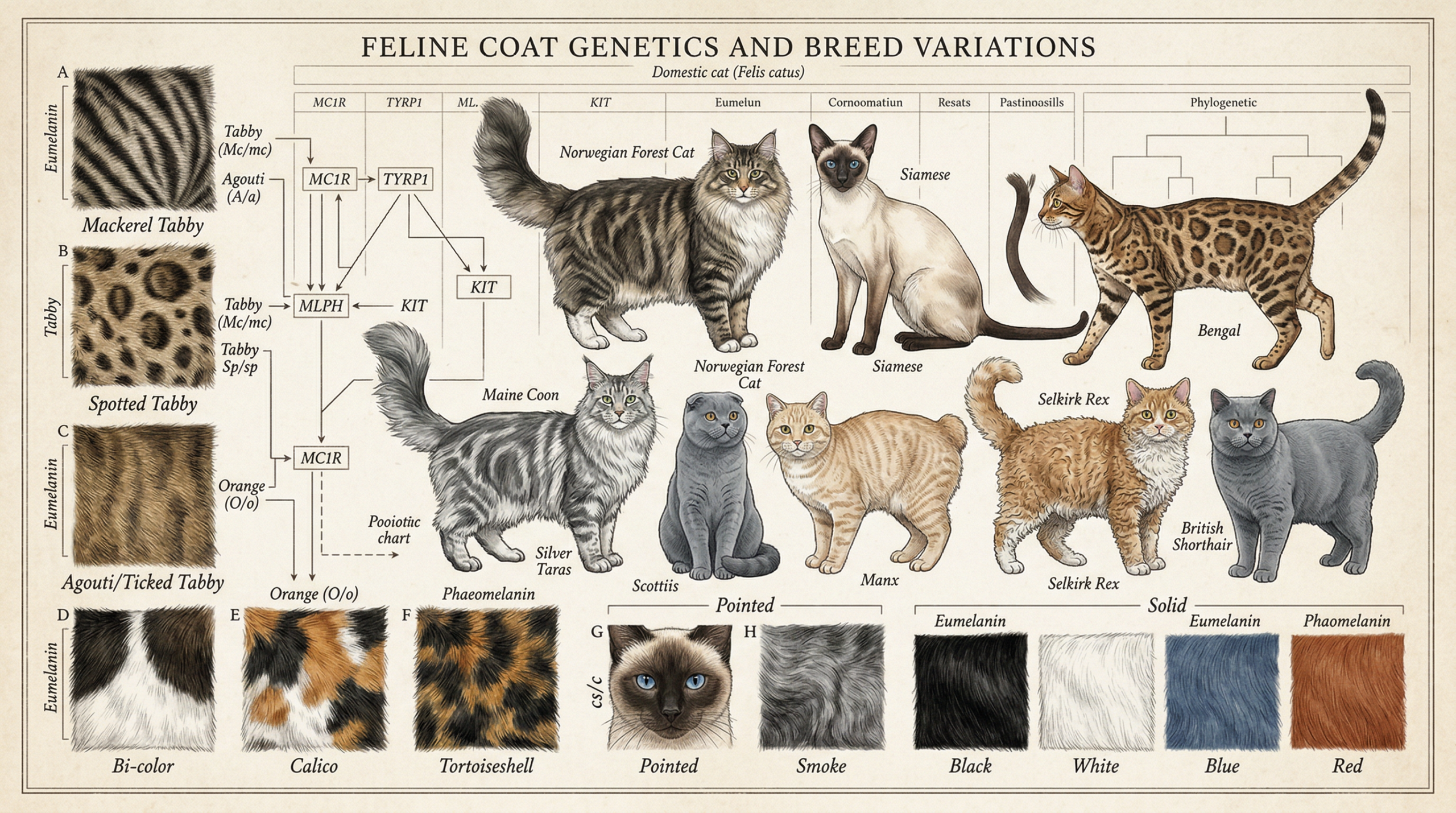 An intricately detailed scientific illustration showcasing the diverse coat genetics and breed variations of cats. In the foreground, a close-up view of different cat fur patterns and colors, including tabby, calico, tortoiseshell, and solid hues. In the middle ground, a collage of various cat breeds, each with unique physical features and coat characteristics. The background features a subtle grid-like structure, suggesting a taxonomic organization of feline coat types. Crisp, high-resolution rendering with muted, natural tones that evoke a sense of scholarly study. Carefully lit to highlight the intricate textures and gradients of the feline coats, captured through a neutral, documentary-style lens. A detailed scientific illustration showing cat coat genetics and breed diversity, with close-up fur patterns such as tabby, calico, tortoiseshell, and solid colors alongside multiple cat breeds with distinct features.