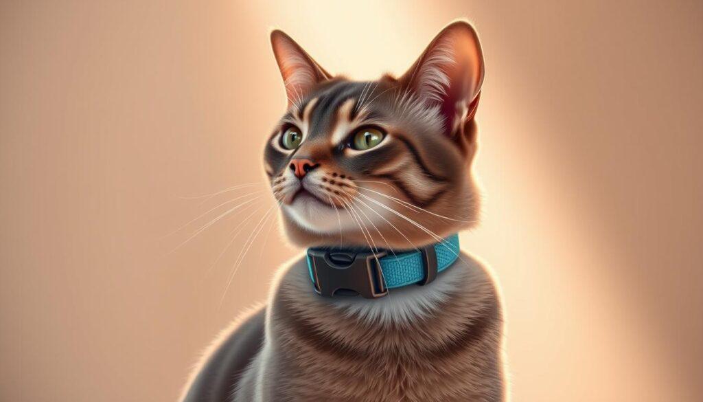 A beautifully detailed illustration of a cat wearing a well-fitted collar, positioned against a soft, out-of-focus background. The collar features a sturdy yet comfortable design, with a smooth buckle and adjustable strap, ensuring a snug but not restrictive fit. Warm, natural lighting casts a gentle glow, highlighting the cat's sleek fur and the collar's elegant lines. The composition is balanced, drawing the viewer's attention to the key safety elements. The overall mood is one of serene reassurance, conveying the importance of collar fit for a cat's wellbeing. A beautifully detailed illustration of a cat wearing a well-fitted collar, positioned against a soft, out-of-focus background. The collar features a sturdy yet comfortable design, with a smooth buckle and adjustable strap, ensuring a snug but not restrictive fit. Warm, natural lighting casts a gentle glow, highlighting the cat's sleek fur and the collar's elegant lines. The composition is balanced, drawing the viewer's attention to the key safety elements. The overall mood is one of serene reassurance, conveying the importance of collar fit for a cat's wellbeing.
