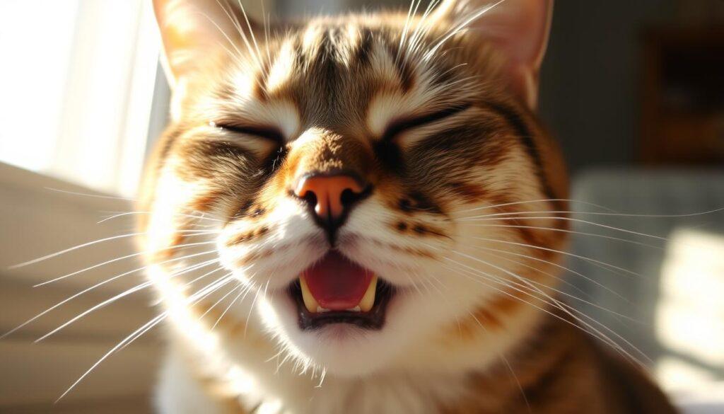 A close-up portrait of a cat's face, with its eyes half-closed and its mouth slightly open, revealing a tranquil expression as it purrs contentedly. The cat's fur is soft and fluffy, with highlights and shadows accentuating its texture. The lighting is warm and gentle, creating a soothing and serene atmosphere. The background is blurred, allowing the cat's expressive features to be the focal point of the image. The camera angle is slightly elevated, giving the viewer a sense of connection and intimacy with the subject. A close-up portrait of a cat's face, with its eyes half-closed and its mouth slightly open, revealing a tranquil expression as it purrs contentedly. The cat's fur is soft and fluffy, with highlights and shadows accentuating its texture. The lighting is warm and gentle, creating a soothing and serene atmosphere. The background is blurred, allowing the cat's expressive features to be the focal point of the image. The camera angle is slightly elevated, giving the viewer a sense of connection and intimacy with the subject.