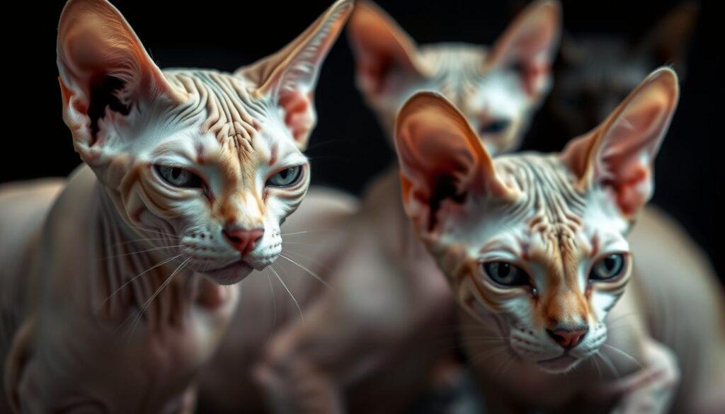 A close-up shot of three distinct Sphynx cat coat variations, showcasing their unique and mesmerizing textures. The foreground features a velvety, peach-fuzz coat with delicate wrinkles, while the middle ground displays a slightly rougher, almost suede-like texture. In the background, a third Sphynx's coat appears almost leathery, with a more pronounced and defined wrinkle pattern. The lighting is soft and diffused, highlighting the nuanced tones and shadows that accentuate the remarkable diversity within the Sphynx breed. Captured with a macro lens, this captivating image invites the viewer to explore the captivating world of hairless cats. A close-up shot of three distinct Sphynx cat coat variations, showcasing their unique and mesmerizing textures. The foreground features a velvety, peach-fuzz coat with delicate wrinkles, while the middle ground displays a slightly rougher, almost suede-like texture. In the background, a third Sphynx's coat appears almost leathery, with a more pronounced and defined wrinkle pattern. The lighting is soft and diffused, highlighting the nuanced tones and shadows that accentuate the remarkable diversity within the Sphynx breed. Captured with a macro lens, this captivating image invites the viewer to explore the captivating world of hairless cats.