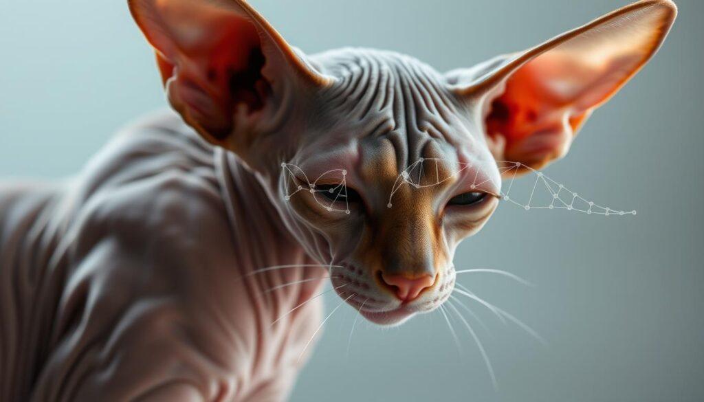 A close-up study of a Sphynx cat's genetic structure, showcasing the intricate interplay between fur and hairlessness. In the foreground, a detailed rendering of the cat's finely wrinkled skin, its pores and follicles visible under soft, directional lighting. In the middle ground, a schematic diagram overlaying the cat's form, highlighting the genetic mutations responsible for its unique appearance. The background blurs into a neutral, scientific environment, allowing the subject to take center stage. The overall mood is one of clinical curiosity and a desire to understand the underlying biology that gives rise to this remarkable feline phenotype. A close-up study of a Sphynx cat's genetic structure, showcasing the intricate interplay between fur and hairlessness. In the foreground, a detailed rendering of the cat's finely wrinkled skin, its pores and follicles visible under soft, directional lighting. In the middle ground, a schematic diagram overlaying the cat's form, highlighting the genetic mutations responsible for its unique appearance. The background blurs into a neutral, scientific environment, allowing the subject to take center stage. The overall mood is one of clinical curiosity and a desire to understand the underlying biology that gives rise to this remarkable feline phenotype.