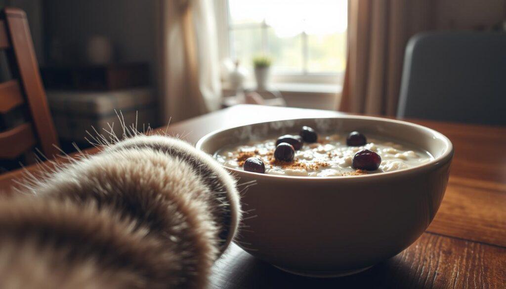 A close-up view of a ceramic bowl filled with creamy, steaming oatmeal, placed on a wooden table. The oatmeal is garnished with a scattering of dried cranberries and a sprinkle of cinnamon. In the foreground, a curious feline paw extends towards the bowl, its soft fur texture contrasting with the rough wooden surface. Natural sunlight filters through a nearby window, casting a warm, inviting glow over the scene. The mood is one of contemplation and the potential for feline interaction with this human food. The angle emphasizes the visual interplay between the oatmeal, the cat's paw, and the cozy, domestic setting. A close-up view of a ceramic bowl filled with creamy, steaming oatmeal, placed on a wooden table. The oatmeal is garnished with a scattering of dried cranberries and a sprinkle of cinnamon. In the foreground, a curious feline paw extends towards the bowl, its soft fur texture contrasting with the rough wooden surface. Natural sunlight filters through a nearby window, casting a warm, inviting glow over the scene. The mood is one of contemplation and the potential for feline interaction with this human food. The angle emphasizes the visual interplay between the oatmeal, the cat's paw, and the cozy, domestic setting.