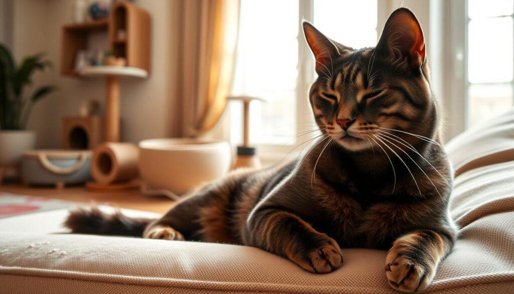 A cozy and well-lit home interior, showcasing the effortless care of a contented feline companion. In the foreground, a sleek, well-groomed cat lounges on a plush, neutral-toned sofa, its eyes half-closed in a peaceful slumber. The middle ground features simple yet stylish cat accessories, such as a comfortable cat bed, a scratching post, and a few interactive toys, suggesting the low-maintenance needs of this independent pet. The background depicts a warm, inviting room with natural lighting filtering in through large windows, creating a serene and relaxing atmosphere. The overall scene conveys the tranquility and ease of caring for a cat, perfectly capturing the essence of the "Key Insights on Why to get a cat" section. A cozy and well-lit home interior, showcasing the effortless care of a contented feline companion. In the foreground, a sleek, well-groomed cat lounges on a plush, neutral-toned sofa, its eyes half-closed in a peaceful slumber. The middle ground features simple yet stylish cat accessories, such as a comfortable cat bed, a scratching post, and a few interactive toys, suggesting the low-maintenance needs of this independent pet. The background depicts a warm, inviting room with natural lighting filtering in through large windows, creating a serene and relaxing atmosphere. The overall scene conveys the tranquility and ease of caring for a cat, perfectly capturing the essence of the "Key Insights on Why to get a cat" section.