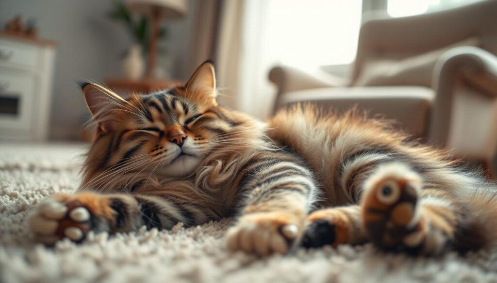 A cozy, inviting living room scene with a fluffy tabby cat comfortably sprawled on her side, eyes half-closed in a blissful, content expression. Soft, diffused lighting from a nearby window casts a warm glow on the cat's plush fur, highlighting the gentle curves of her relaxed body. The cat's paws are tucked in, and one front leg is slightly raised, conveying a sense of ease and trust. The background is slightly blurred, with hints of a plush rug and a cozy armchair, creating a peaceful, intimate atmosphere that emphasizes the cat's tranquil state of mind. The camera angle is at eye level, allowing the viewer to feel fully immersed in the cat's relaxed, social behavior. A cozy, inviting living room scene with a fluffy tabby cat comfortably sprawled on her side, eyes half-closed in a blissful, content expression. Soft, diffused lighting from a nearby window casts a warm glow on the cat's plush fur, highlighting the gentle curves of her relaxed body. The cat's paws are tucked in, and one front leg is slightly raised, conveying a sense of ease and trust. The background is slightly blurred, with hints of a plush rug and a cozy armchair, creating a peaceful, intimate atmosphere that emphasizes the cat's tranquil state of mind. The camera angle is at eye level, allowing the viewer to feel fully immersed in the cat's relaxed, social behavior.