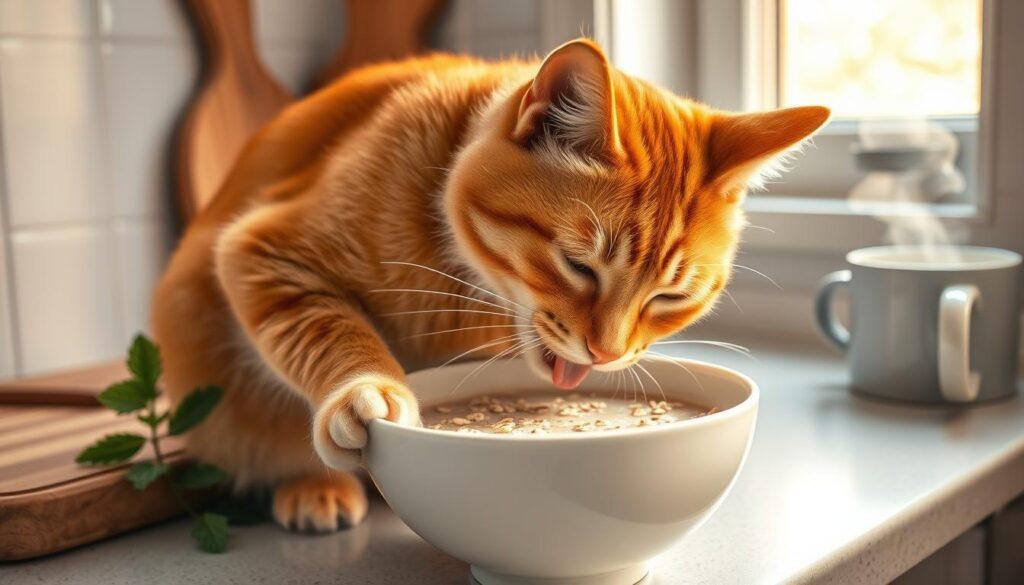 A cozy kitchen scene with an orange tabby cat perched on the counter, intently licking a bowl of creamy oatmeal. Soft, warm lighting from a nearby window bathes the scene in a gentle glow. The cat's paws rest delicately on the edge of the bowl, its tongue deftly lapping up the steaming oats. In the background, a wooden cutting board, a sprig of fresh mint, and a steaming mug of coffee add to the comforting, homey atmosphere. The cat's expression is one of pure enjoyment, its eyes half-closed in delight as it savors the unexpected treat. A cozy kitchen scene with an orange tabby cat perched on the counter, intently licking a bowl of creamy oatmeal. Soft, warm lighting from a nearby window bathes the scene in a gentle glow. The cat's paws rest delicately on the edge of the bowl, its tongue deftly lapping up the steaming oats. In the background, a wooden cutting board, a sprig of fresh mint, and a steaming mug of coffee add to the comforting, homey atmosphere. The cat's expression is one of pure enjoyment, its eyes half-closed in delight as it savors the unexpected treat.