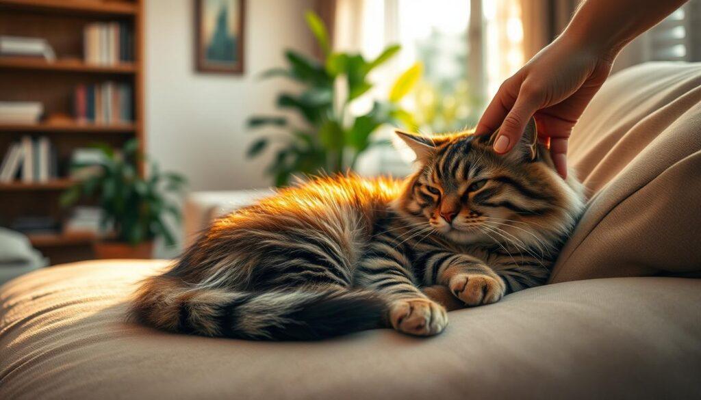 A cozy living room scene filled with a fluffy tabby cat curled up on a plush sofa, bathed in warm, inviting lighting. The cat is contentedly napping, radiating a sense of tranquility and companionship. In the middle ground, a person's hand gently strokes the cat's soft fur, their bond palpable. The background features a bookshelf and houseplants, creating a serene, nurturing atmosphere. Composition is balanced, with the cat as the central focus, conveying the unique joys and comfort of feline companionship. A cozy living room scene filled with a fluffy tabby cat curled up on a plush sofa, bathed in warm, inviting lighting. The cat is contentedly napping, radiating a sense of tranquility and companionship. In the middle ground, a person's hand gently strokes the cat's soft fur, their bond palpable. The background features a bookshelf and houseplants, creating a serene, nurturing atmosphere. Composition is balanced, with the cat as the central focus, conveying the unique joys and comfort of feline companionship.