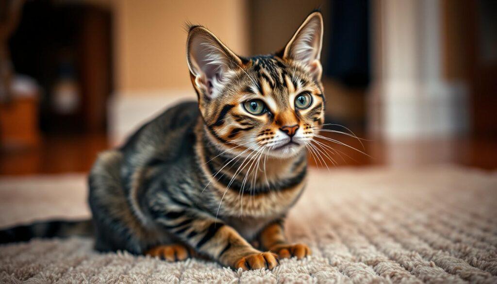 A curious tabby cat sitting on a plush rug, intently focused on the approaching human. Its ears perk up, whiskers twitch, eyes narrowed as it recognizes the owner's familiar scent and voice. Warm, soft lighting casts a gentle glow, creating an intimate, cozy atmosphere. The cat's expression conveys a mix of excitement and contentment, its body language relaxed yet alert, ready to greet its beloved companion. The scene is framed in a tight, close-up composition, emphasizing the strong emotional bond between the cat and its owner. A curious tabby cat sitting on a plush rug, intently focused on the approaching human. Its ears perk up, whiskers twitch, eyes narrowed as it recognizes the owner's familiar scent and voice. Warm, soft lighting casts a gentle glow, creating an intimate, cozy atmosphere. The cat's expression conveys a mix of excitement and contentment, its body language relaxed yet alert, ready to greet its beloved companion. The scene is framed in a tight, close-up composition, emphasizing the strong emotional bond between the cat and its owner.