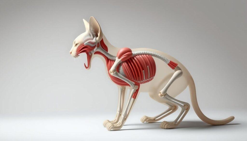 A detailed anatomical illustration of a cat's purring mechanism, showcasing the intricate muscle groups and bone structures responsible for this iconic feline vocalization. The image should be rendered with a clean, technical aesthetic, using a neutral color palette and precise linework to highlight the underlying physiology. The perspective should be a mid-level, three-quarter view, allowing the viewer to clearly see the essential components involved in the purring process, such as the larynx, trachea, and diaphragm. The lighting should be soft and diffused, creating subtle shadows that accentuate the contours of the anatomy. The overall tone should convey a sense of scientific curiosity and educational value, serving as a visual aid to better understand the mechanics and biology of a cat's purr. A detailed anatomical illustration of a cat's purring mechanism, showcasing the intricate muscle groups and bone structures responsible for this iconic feline vocalization. The image should be rendered with a clean, technical aesthetic, using a neutral color palette and precise linework to highlight the underlying physiology. The perspective should be a mid-level, three-quarter view, allowing the viewer to clearly see the essential components involved in the purring process, such as the larynx, trachea, and diaphragm. The lighting should be soft and diffused, creating subtle shadows that accentuate the contours of the anatomy. The overall tone should convey a sense of scientific curiosity and educational value, serving as a visual aid to better understand the mechanics and biology of a cat's purr.