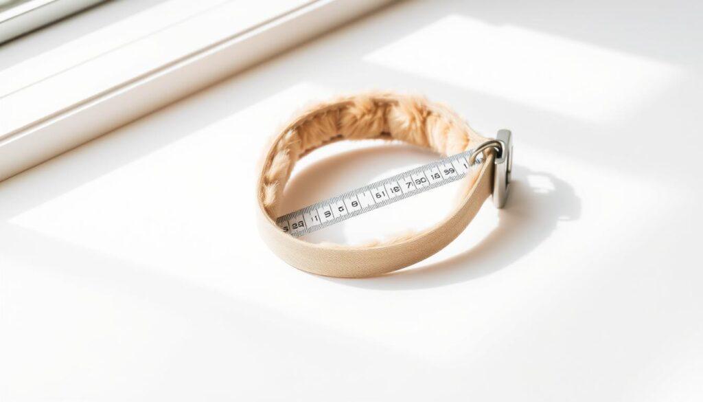 A detailed cat collar measurement guide on a plain white background, with a steel tape measure laid across a soft, plush feline collar. The collar is tan in color, with a refined, elegant design. The image is well-lit, using natural lighting from a window, creating soft shadows and highlighting the textures. The composition is clean and minimalist, allowing the subject to be the focal point. The perspective is slightly elevated, giving a sense of scale and emphasizing the instructional nature of the scene. The overall mood is informative and helpful, guiding the viewer through the proper steps to measure a cat's neck for a comfortable, properly-fitted collar. A detailed cat collar measurement guide on a plain white background, with a steel tape measure laid across a soft, plush feline collar. The collar is tan in color, with a refined, elegant design. The image is well-lit, using natural lighting from a window, creating soft shadows and highlighting the textures. The composition is clean and minimalist, allowing the subject to be the focal point. The perspective is slightly elevated, giving a sense of scale and emphasizing the instructional nature of the scene. The overall mood is informative and helpful, guiding the viewer through the proper steps to measure a cat's neck for a comfortable, properly-fitted collar.