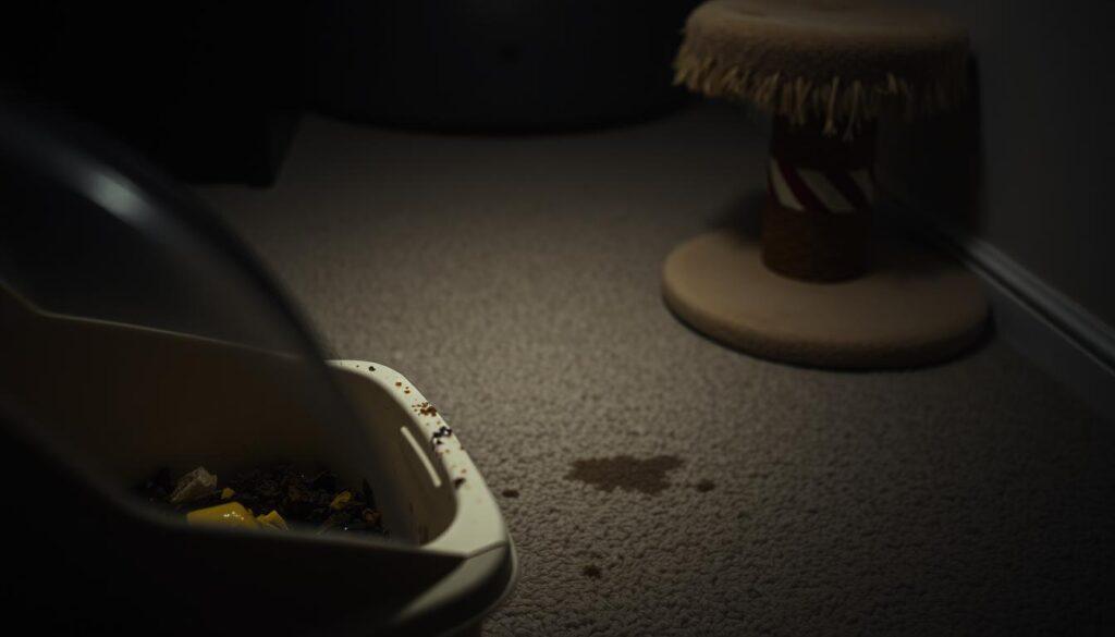A dimly lit interior space, showcasing the common sources of unpleasant cat urine odors. In the foreground, a close-up view of a cat's litter box, the surface littered with waste and urine stains. The middle ground reveals stained carpeting, with subtle discoloration and damp patches. In the background, a partially obscured view of a cat scratching post, its upholstery tattered and soiled. Lighting is muted, creating a sense of discomfort and unease. The overall scene conveys the persistent, lingering nature of these feline odor sources, highlighting the importance of understanding and addressing them. A dimly lit interior space, showcasing the common sources of unpleasant cat urine odors. In the foreground, a close-up view of a cat's litter box, the surface littered with waste and urine stains. The middle ground reveals stained carpeting, with subtle discoloration and damp patches. In the background, a partially obscured view of a cat scratching post, its upholstery tattered and soiled. Lighting is muted, creating a sense of discomfort and unease. The overall scene conveys the persistent, lingering nature of these feline odor sources, highlighting the importance of understanding and addressing them.