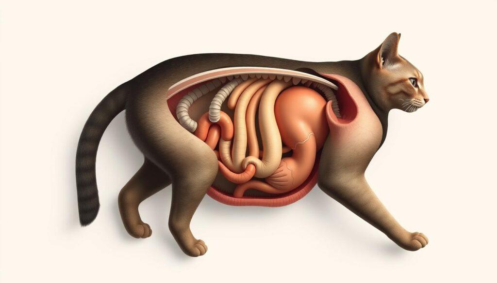 A highly detailed, anatomically accurate illustration of a cat's digestive system. Rendered with scientific precision, showcasing the intricate structures and organs in a cutaway cross-section view. Soft, muted tones with subtle lighting from the side, casting gentle shadows to emphasize the three-dimensional form. The composition is balanced, with the digestive tract filling the central focus, surrounded by the supporting abdominal musculature and ribcage. Every element is meticulously depicted, from the esophagus and stomach to the small and large intestines, highlighting the unique features of a feline's specialized digestive anatomy. A highly detailed, anatomically accurate illustration of a cat's digestive system. Rendered with scientific precision, showcasing the intricate structures and organs in a cutaway cross-section view. Soft, muted tones with subtle lighting from the side, casting gentle shadows to emphasize the three-dimensional form. The composition is balanced, with the digestive tract filling the central focus, surrounded by the supporting abdominal musculature and ribcage. Every element is meticulously depicted, from the esophagus and stomach to the small and large intestines, highlighting the unique features of a feline's specialized digestive anatomy.