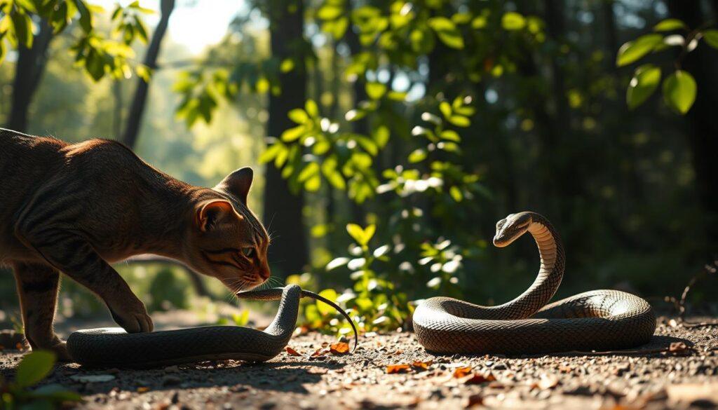 A realistic, detailed scene of a cat and snake interaction, set in a natural, lush environment. In the foreground, a sleek, muscular feline stalks its reptilian prey, its eyes intently focused and body poised to pounce. The snake, coiled defensively, appears both wary and defiant, ready to strike if provoked. Dappled sunlight filters through the verdant foliage in the middle ground, casting dramatic shadows and highlighting the dynamic tension between the two animals. The background features a serene, wooded setting, creating a sense of timelessness and the primal forces at work in the natural world. Dramatic, cinematic lighting and a shallow depth of field emphasize the drama of the moment, blurring the line between myth and reality. A realistic, detailed scene of a cat and snake interaction, set in a natural, lush environment. In the foreground, a sleek, muscular feline stalks its reptilian prey, its eyes intently focused and body poised to pounce. The snake, coiled defensively, appears both wary and defiant, ready to strike if provoked. Dappled sunlight filters through the verdant foliage in the middle ground, casting dramatic shadows and highlighting the dynamic tension between the two animals. The background features a serene, wooded setting, creating a sense of timelessness and the primal forces at work in the natural world. Dramatic, cinematic lighting and a shallow depth of field emphasize the drama of the moment, blurring the line between myth and reality.