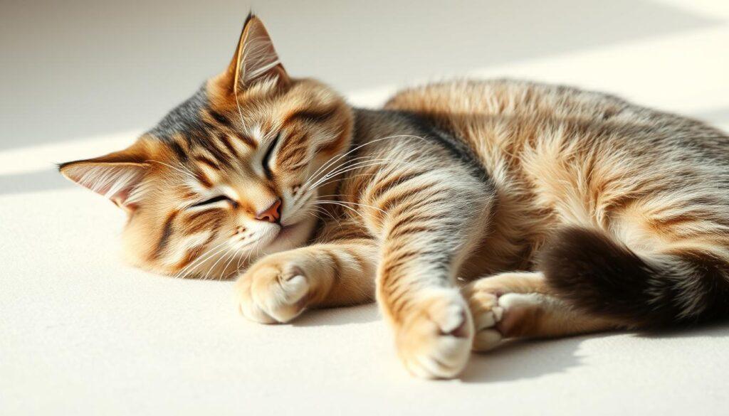 A relaxed feline lounging on its side, front paws tucked in, tail gently swishing. Its eyes are half-closed, conveying a sense of tranquility. The cat's body language exudes a serene confidence, with its muscles loose and its breathing slow. Soft, even lighting illuminates the scene, casting subtle shadows that accentuate the cat's form. The background is a muted, neutral palette, allowing the cat's expressiveness to take center stage. This image captures the essence of a cat's non-verbal communication - a visual representation of the subtle cues that convey its internal state and intentions. A relaxed feline lounging on its side, front paws tucked in, tail gently swishing. Its eyes are half-closed, conveying a sense of tranquility. The cat's body language exudes a serene confidence, with its muscles loose and its breathing slow. Soft, even lighting illuminates the scene, casting subtle shadows that accentuate the cat's form. The background is a muted, neutral palette, allowing the cat's expressiveness to take center stage. This image captures the essence of a cat's non-verbal communication - a visual representation of the subtle cues that convey its internal state and intentions.
