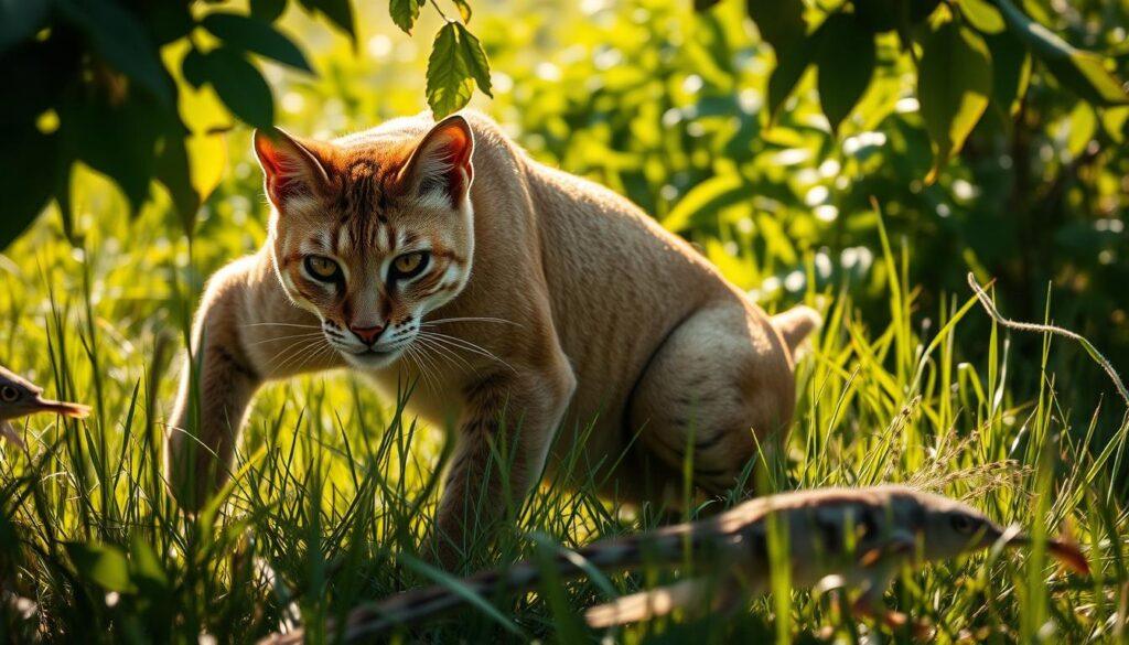 A sleek, powerful feline crouches in the tall grass, its amber eyes intently focused on a nearby prey. The predator's muscles ripple beneath its tawny coat, coiled and ready to spring. Sunlight filters through the leaves, casting a warm, dramatic glow on the scene. In the background, the lush, verdant foliage provides a sense of natural, untamed wilderness. The feline's hunting instincts are palpable, its every movement calculated and precise, as it prepares to unleash its lightning-fast reflexes to capture its unsuspecting quarry. A sleek, powerful feline crouches in the tall grass, its amber eyes intently focused on a nearby prey. The predator's muscles ripple beneath its tawny coat, coiled and ready to spring. Sunlight filters through the leaves, casting a warm, dramatic glow on the scene. In the background, the lush, verdant foliage provides a sense of natural, untamed wilderness. The feline's hunting instincts are palpable, its every movement calculated and precise, as it prepares to unleash its lightning-fast reflexes to capture its unsuspecting quarry.