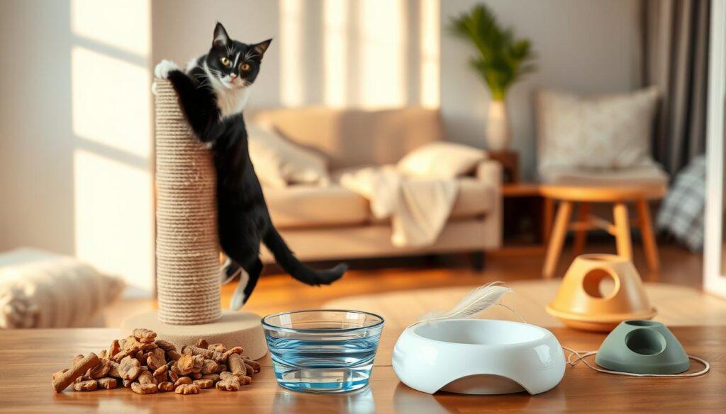 A tuxedo cat, gracefully poised on a scratching post, engages in a series of gentle stretches and playful leaps, their sleek black-and-white coat glistening under warm, natural lighting. In the foreground, a selection of nutritious cat treats and a water bowl sit atop a polished wooden surface, suggesting a balanced diet. In the middle ground, various cat toys - from feathers on a string to interactive puzzle feeders - encourage physical and mental stimulation. The background features a cozy, minimalist living space, with soft fabrics and clean lines, creating a serene and rejuvenating environment for the feline athlete. A tuxedo cat, gracefully poised on a scratching post, engages in a series of gentle stretches and playful leaps, their sleek black-and-white coat glistening under warm, natural lighting. In the foreground, a selection of nutritious cat treats and a water bowl sit atop a polished wooden surface, suggesting a balanced diet. In the middle ground, various cat toys - from feathers on a string to interactive puzzle feeders - encourage physical and mental stimulation. The background features a cozy, minimalist living space, with soft fabrics and clean lines, creating a serene and rejuvenating environment for the feline athlete.