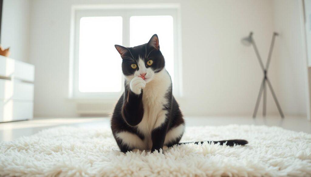 A tuxedo cat sits on a plush, cream-colored rug, meticulously grooming its sleek, black-and-white fur. Soft, natural lighting filters through a large window, casting a warm glow on the scene. The cat's agile paws move with precision, smoothing each strand as it licks its paw and runs it over its face and neck. In the background, a minimalist, monochrome interior provides a simple, elegant backdrop, emphasizing the cat's graceful movements. The overall atmosphere is one of tranquility and focused self-care, reflecting the daily grooming routine of this well-cared-for feline. A tuxedo cat sits on a plush, cream-colored rug, meticulously grooming its sleek, black-and-white fur. Soft, natural lighting filters through a large window, casting a warm glow on the scene. The cat's agile paws move with precision, smoothing each strand as it licks its paw and runs it over its face and neck. In the background, a minimalist, monochrome interior provides a simple, elegant backdrop, emphasizing the cat's graceful movements. The overall atmosphere is one of tranquility and focused self-care, reflecting the daily grooming routine of this well-cared-for feline.